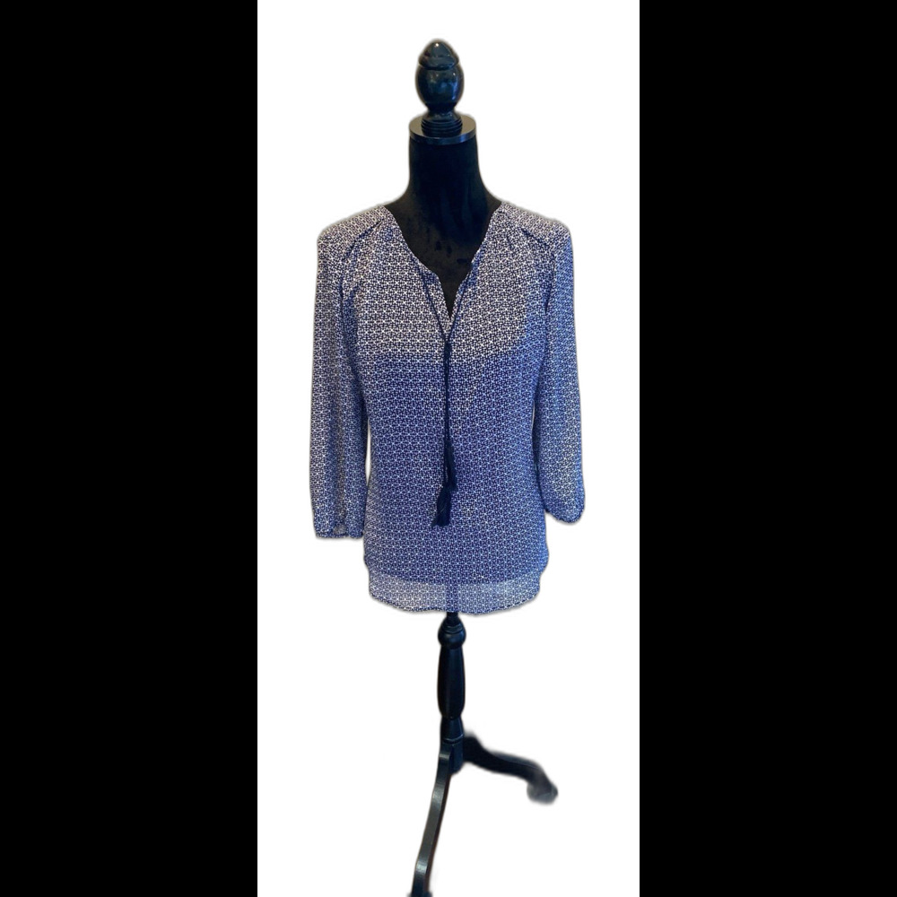 St John’s Bay‎ Blouse Plus Size XL Navy Blue White Sheer Flowy Tie Neckline